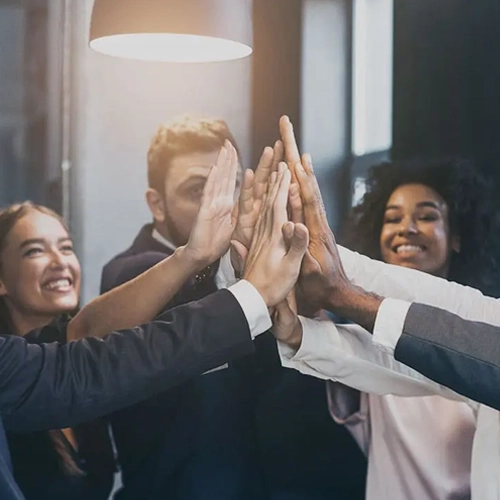 An image of a group of people in a business environment high-fiving that is used for the MetaPerformance Organisational Design Consulting service.